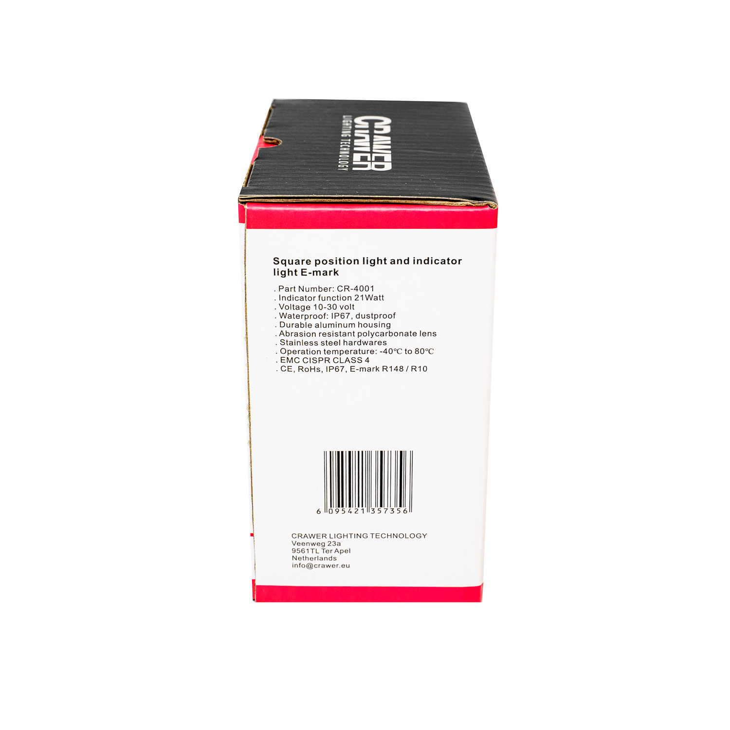 Côté de l’emballage du feu CRAWER CR4001 avec spécifications produit et caractéristiques techniques