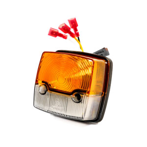 Feu combiné avec lentille orange et blanche et câbles de connexion avec fiches rouges