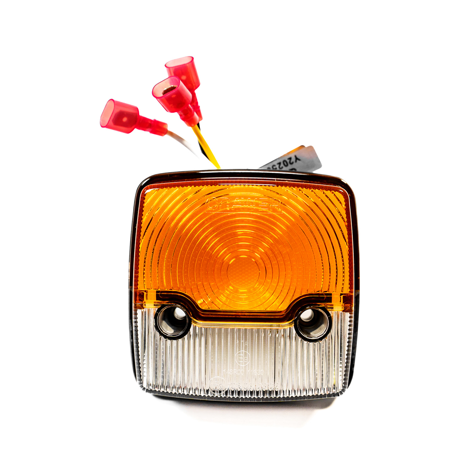 Feu combiné avec lentille orange et blanche et câbles de connexion avec fiches rouges