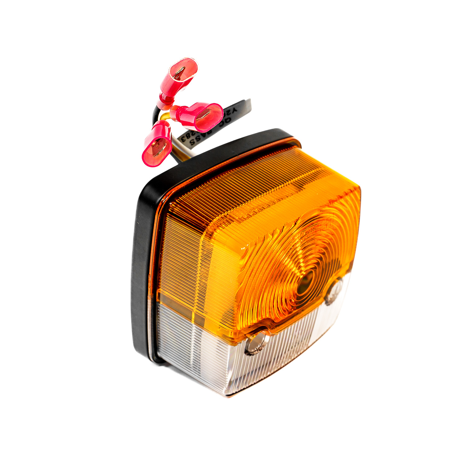 Feu combiné avec lentille orange et blanche et câbles de connexion avec fiches rouges