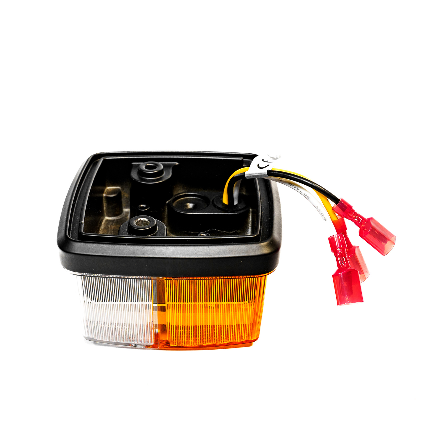 Feu combiné avec lentille orange et blanche et câbles de connexion avec fiches rouges