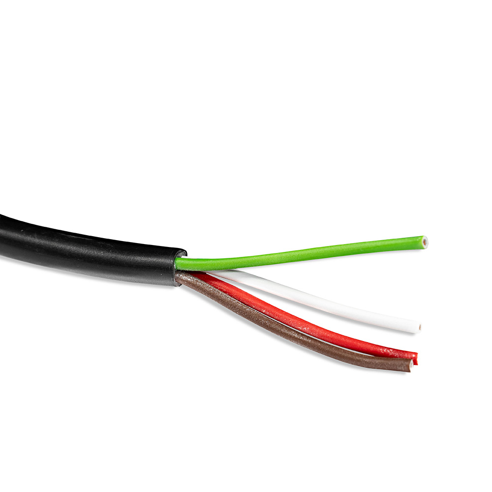 Câble électrique 4 x 1 mm² dénudé montrant ses conducteurs vert, blanc, rouge et brun
