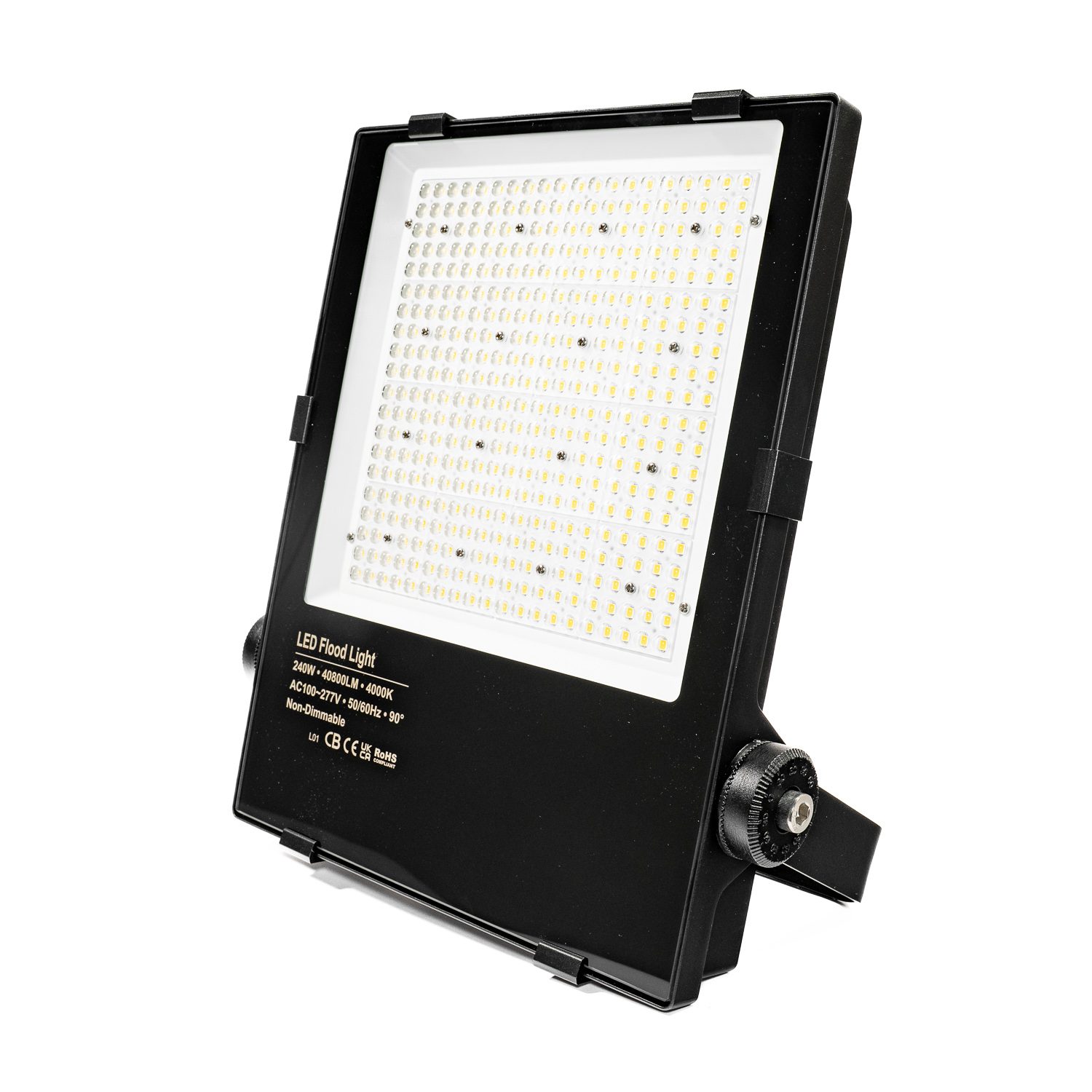 Projecteur LED 230 V 240 W vu de trois quarts, platine LED et étrier acier orientable